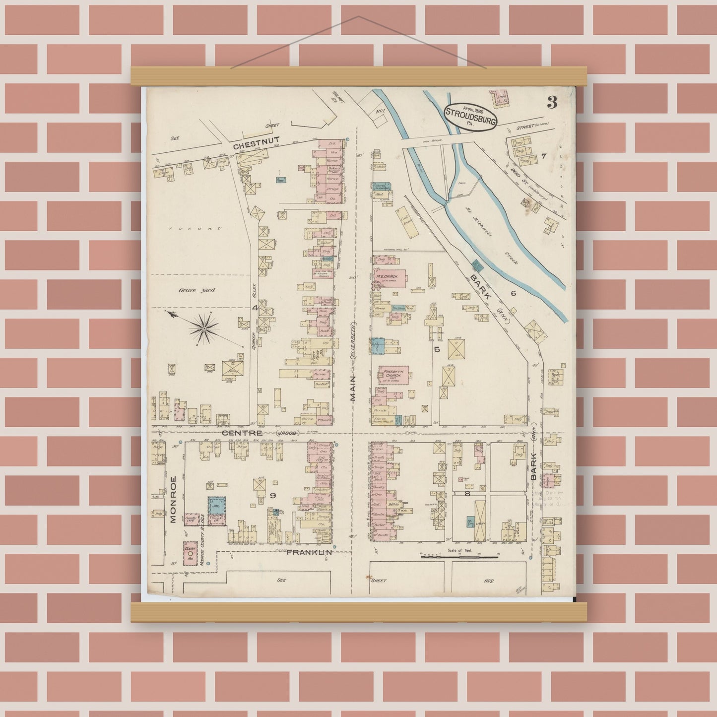 Old map wall art mockup — magnetic wood frame on brick wall — Sanborn Fire Insurance Map from Stroudsburg, Monroe County, Pennsylvania (1885), Sheet #0003