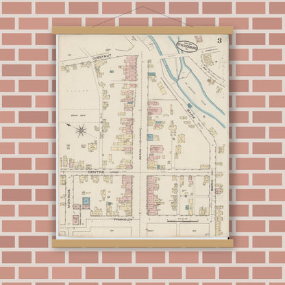 Old map wall art mockup — magnetic wood frame on brick wall — Sanborn Fire Insurance Map from Stroudsburg, Monroe County, Pennsylvania (1885), Sheet #0003