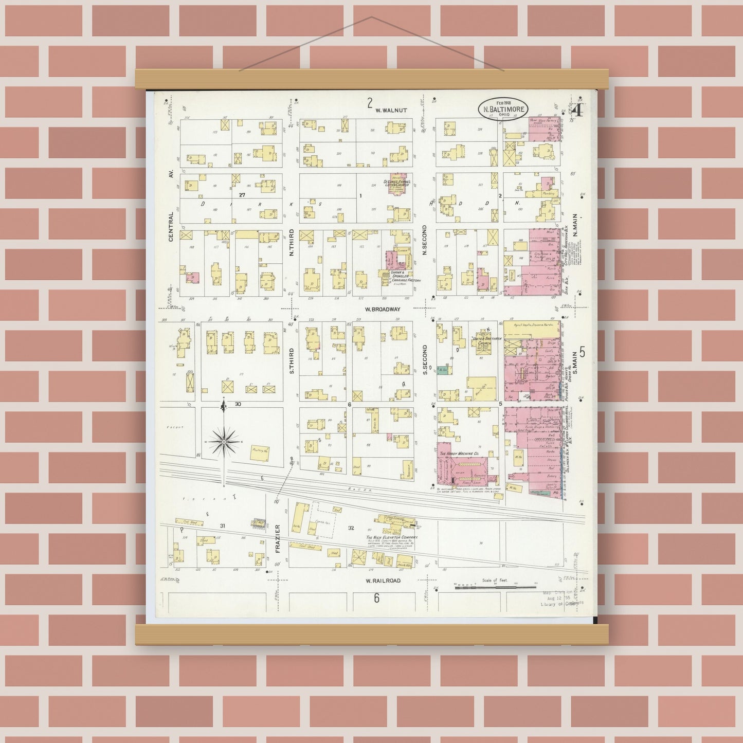 Old map wall art mockup — magnetic wood frame on brick wall — Sanborn Fire Insurance Map from North Baltimore, Wood County, Ohio (1908), Sheet #0004