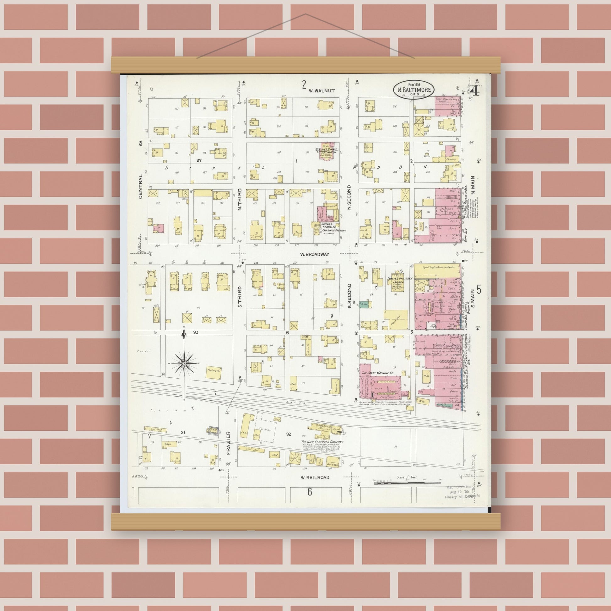 Old map wall art mockup — magnetic wood frame on brick wall — Sanborn Fire Insurance Map from North Baltimore, Wood County, Ohio (1908), Sheet #0004