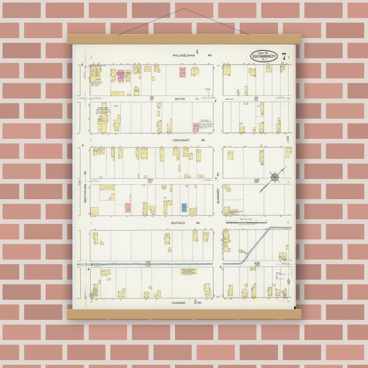 Old map wall art mockup — magnetic wood frame on brick wall — Sanborn Fire Insurance Map from Egg Harbor City, Atlantic County, New Jersey (1917), Sheet #0007