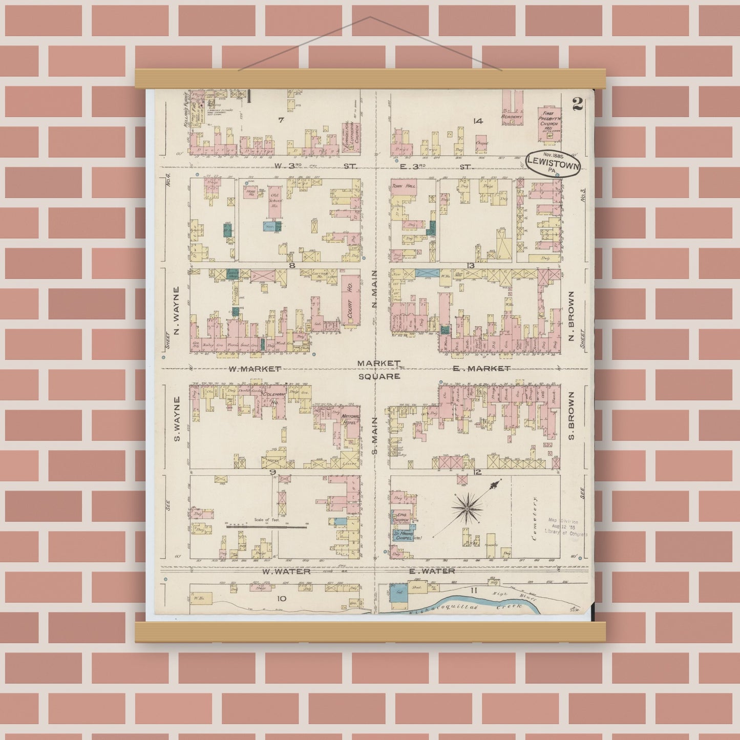 Old map wall art mockup — magnetic wood frame on brick wall — Sanborn Fire Insurance Map from Lewistown, Mifflin County, Pennsylvania (1885), Sheet #0002