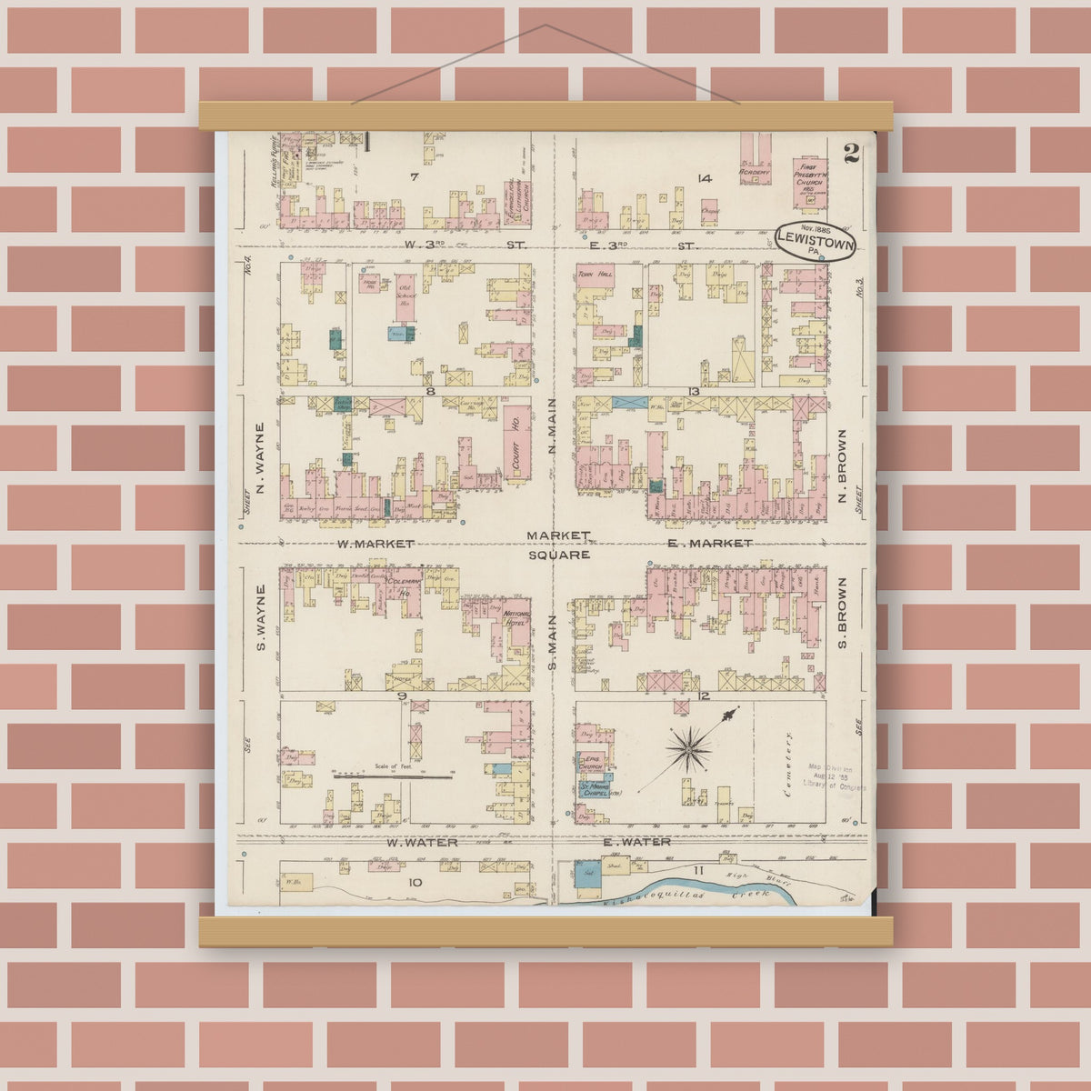 Old map wall art mockup — magnetic wood frame on brick wall — Sanborn Fire Insurance Map from Lewistown, Mifflin County, Pennsylvania (1885), Sheet #0002