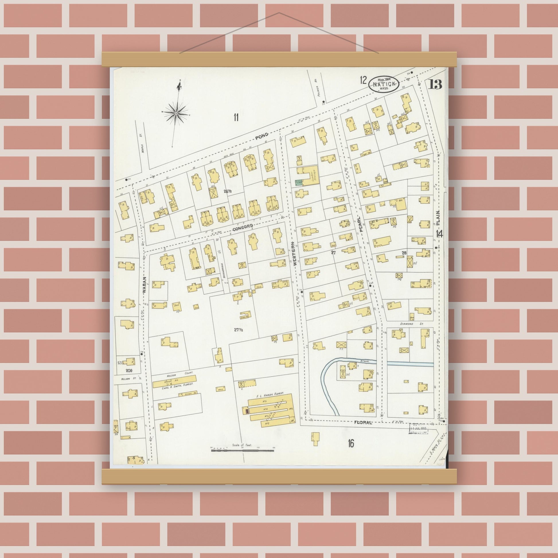 Old map wall art mockup — magnetic wood frame on brick wall — Sanborn Fire Insurance Map from Natick, Middlesex County, Massachusetts (1904), Sheet #0013