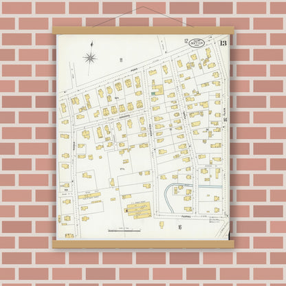 Old map wall art mockup — magnetic wood frame on brick wall — Sanborn Fire Insurance Map from Natick, Middlesex County, Massachusetts (1904), Sheet #0013