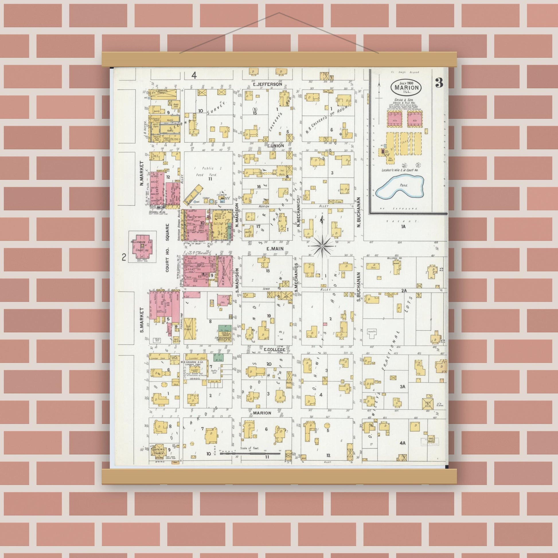 Old map wall art mockup — magnetic wood frame on brick wall — Sanborn Fire Insurance Map from Marion, Williamson County, Illinois (1900), Sheet #0005