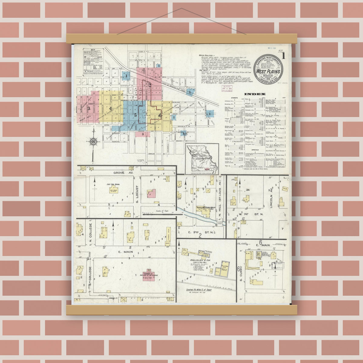 Old map wall art mockup — magnetic wood frame on brick wall — Sanborn Fire Insurance Map from West Plains, Howell County, Missouri (1914) - Complete Map Set