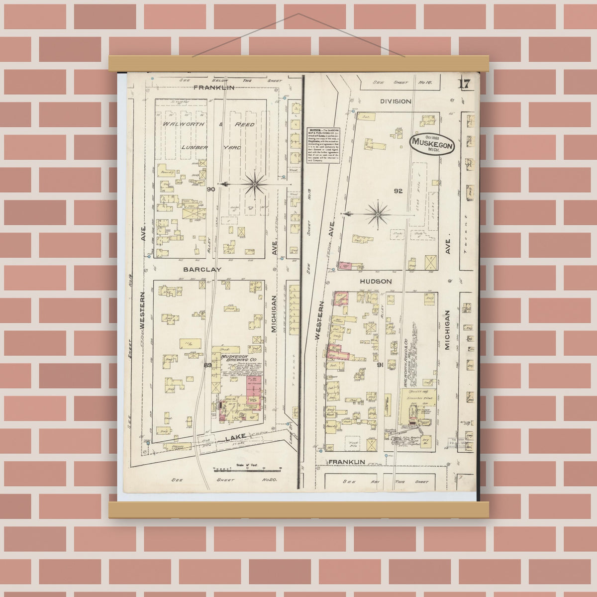 Old map wall art mockup — magnetic wood frame on brick wall — Sanborn Fire Insurance Map from Muskegon, Muskegon County, Michigan (1883), Sheet #0017