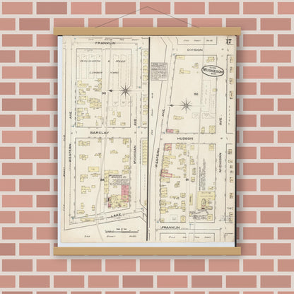 Old map wall art mockup — magnetic wood frame on brick wall — Sanborn Fire Insurance Map from Muskegon, Muskegon County, Michigan (1883), Sheet #0017