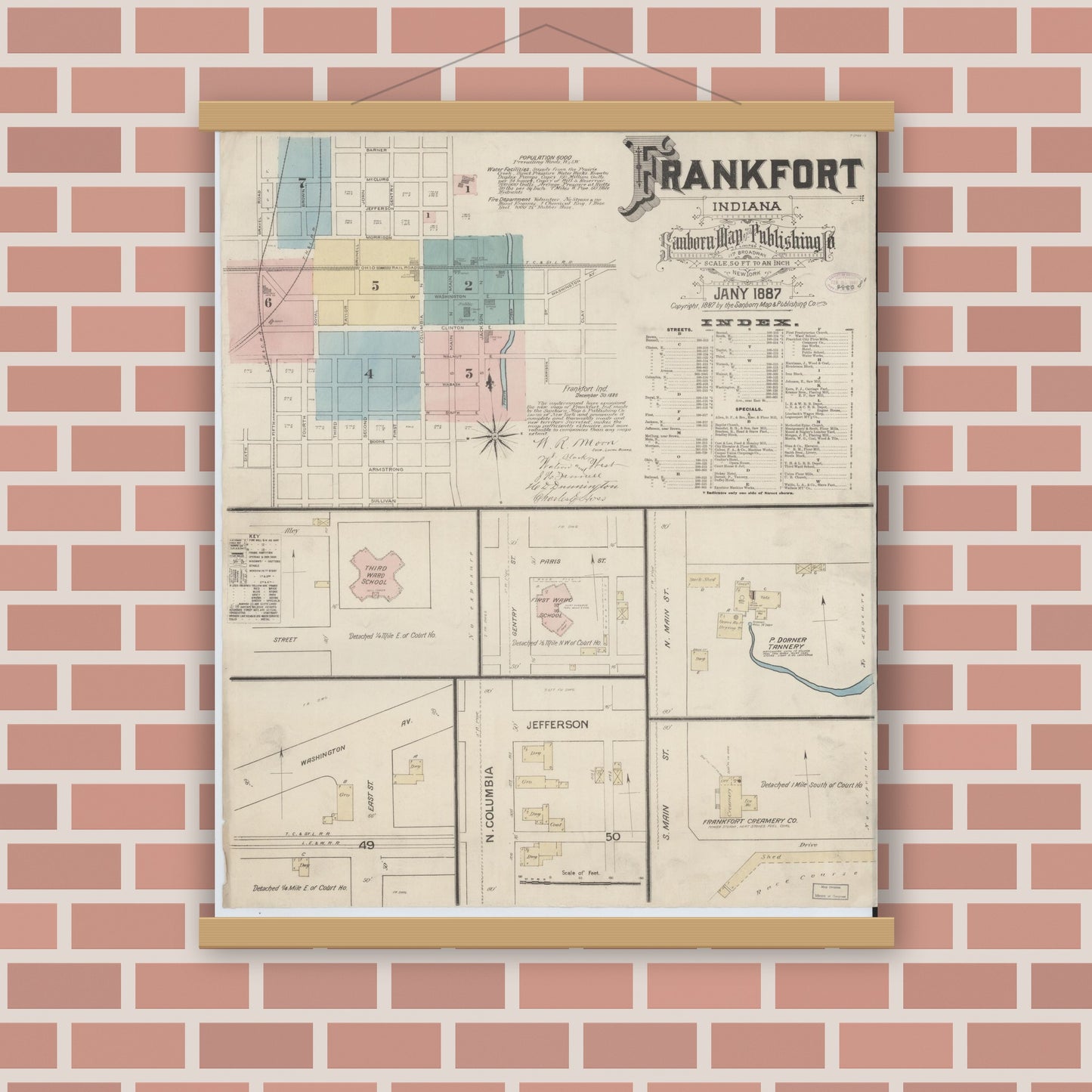 Old map wall art mockup — magnetic wood frame on brick wall — Sanborn Fire Insurance Map from Frankfort, Clinton County, Indiana (1887) - Complete Map Set