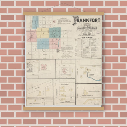 Old map wall art mockup — magnetic wood frame on brick wall — Sanborn Fire Insurance Map from Frankfort, Clinton County, Indiana (1887) - Complete Map Set