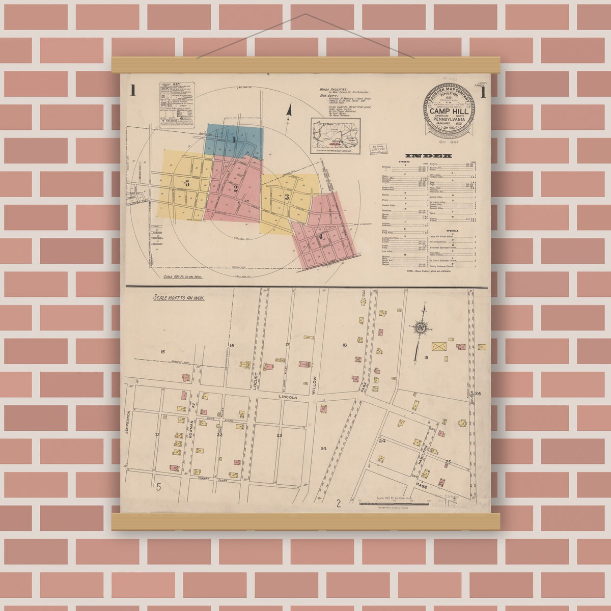 Old map wall art mockup — magnetic wood frame on brick wall — Sanborn Fire Insurance Map from Camp Hill, Cumberland County, Pennsylvania (1923) - Complete Map Set