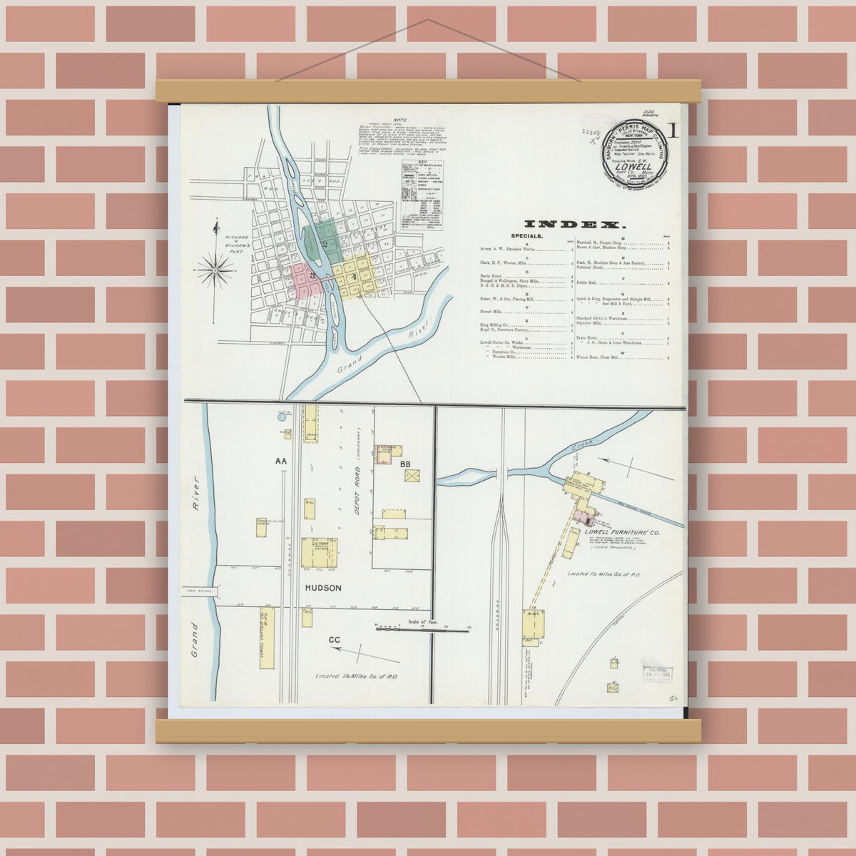 Old map wall art mockup — magnetic wood frame on brick wall — Sanborn Fire Insurance Map from Lowell, Kent County, Michigan (1892), Sheet #0001