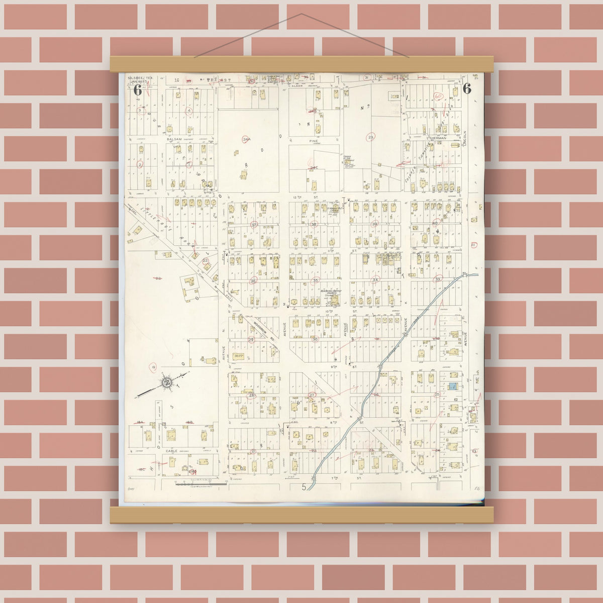 Old map wall art mockup — magnetic wood frame on brick wall — Sanborn Fire Insurance Map from Silsbee, Hardin County, Texas (1942), Sheet #0006