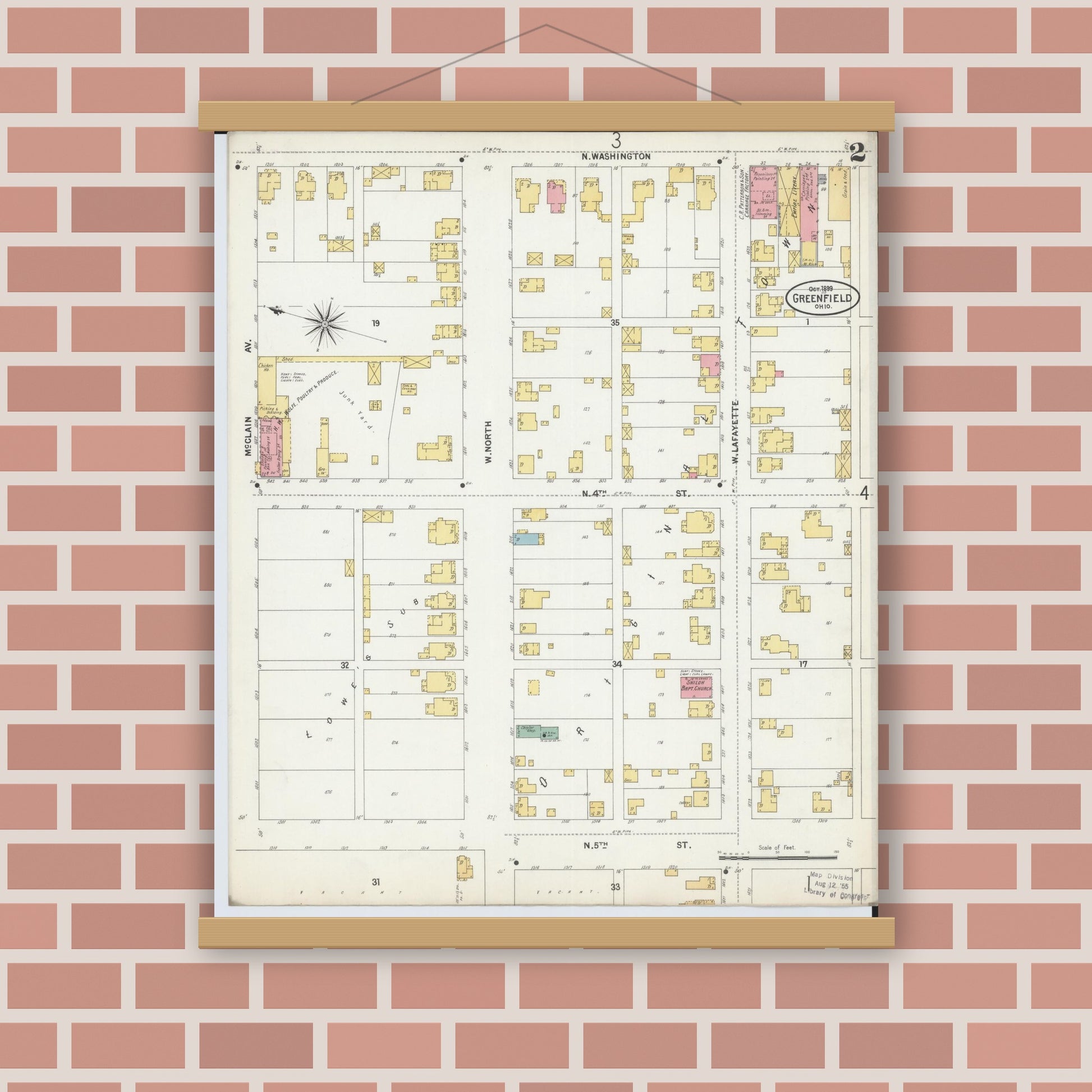 Old map wall art mockup — magnetic wood frame on brick wall — Sanborn Fire Insurance Map from Greenfield, Highland County, Ohio (1899), Sheet #0002