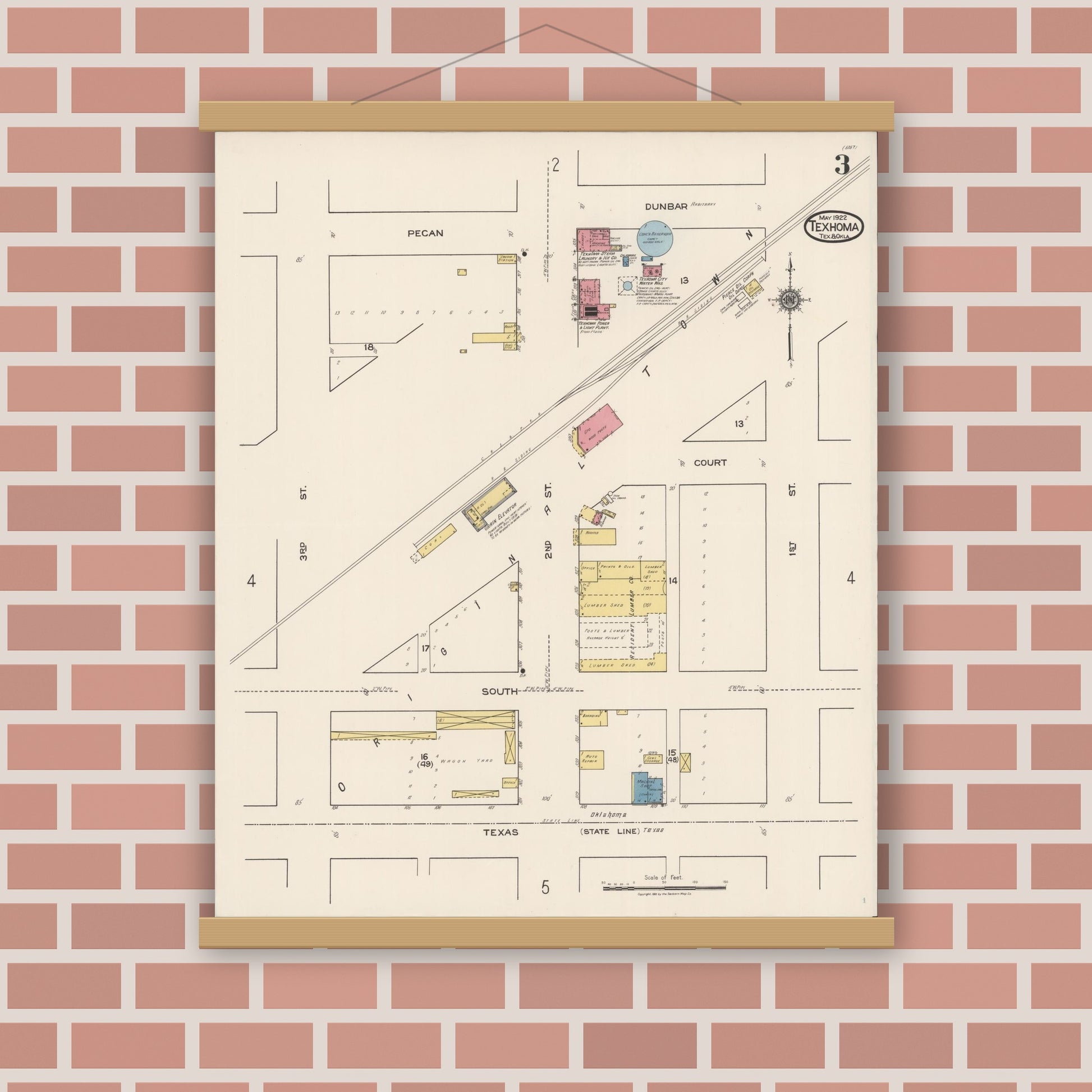 Old map wall art mockup — magnetic wood frame on brick wall — Sanborn Fire Insurance Map from Texhoma, Texas County, Oklahoma and Sherman County, Texas, Texas (1922), Sheet #0003