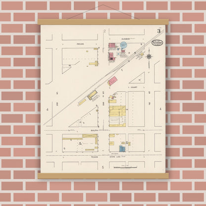 Old map wall art mockup — magnetic wood frame on brick wall — Sanborn Fire Insurance Map from Texhoma, Texas County, Oklahoma and Sherman County, Texas, Texas (1922), Sheet #0003