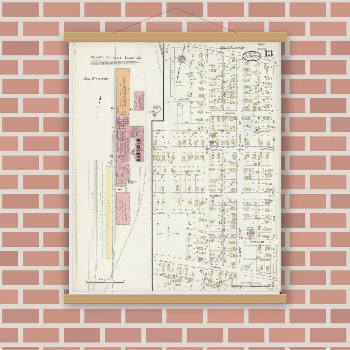 Old map wall art mockup — magnetic wood frame on brick wall — Sanborn Fire Insurance Map from Decatur, Adams County, Indiana (1914), Sheet #0013