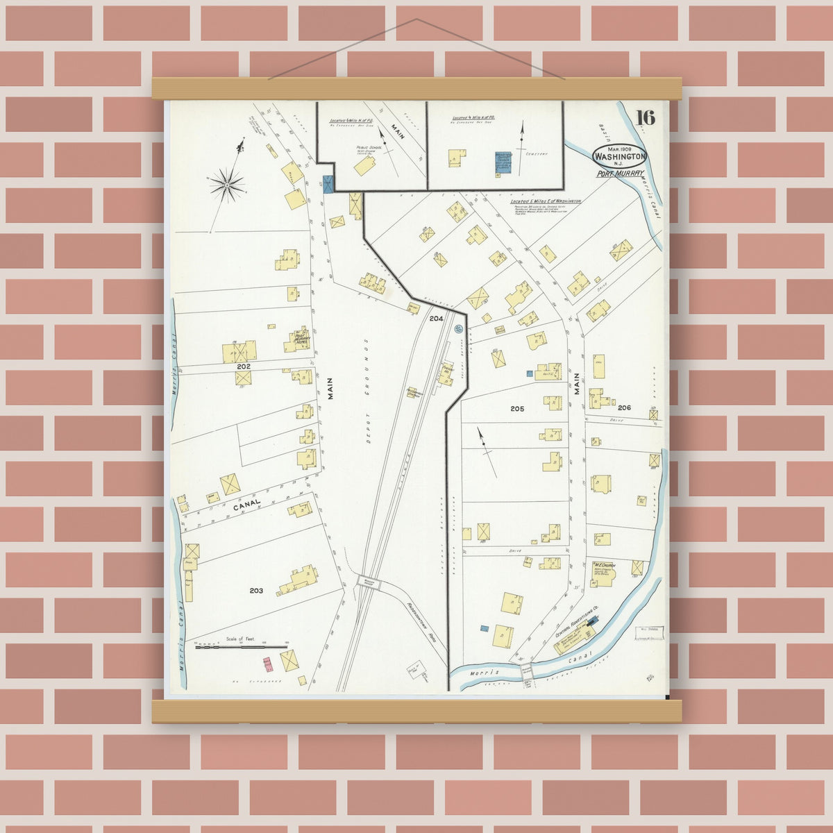 Old map wall art mockup — magnetic wood frame on brick wall — Sanborn Fire Insurance Map from Washington, Warren County, New Jersey (1909), Sheet #0016