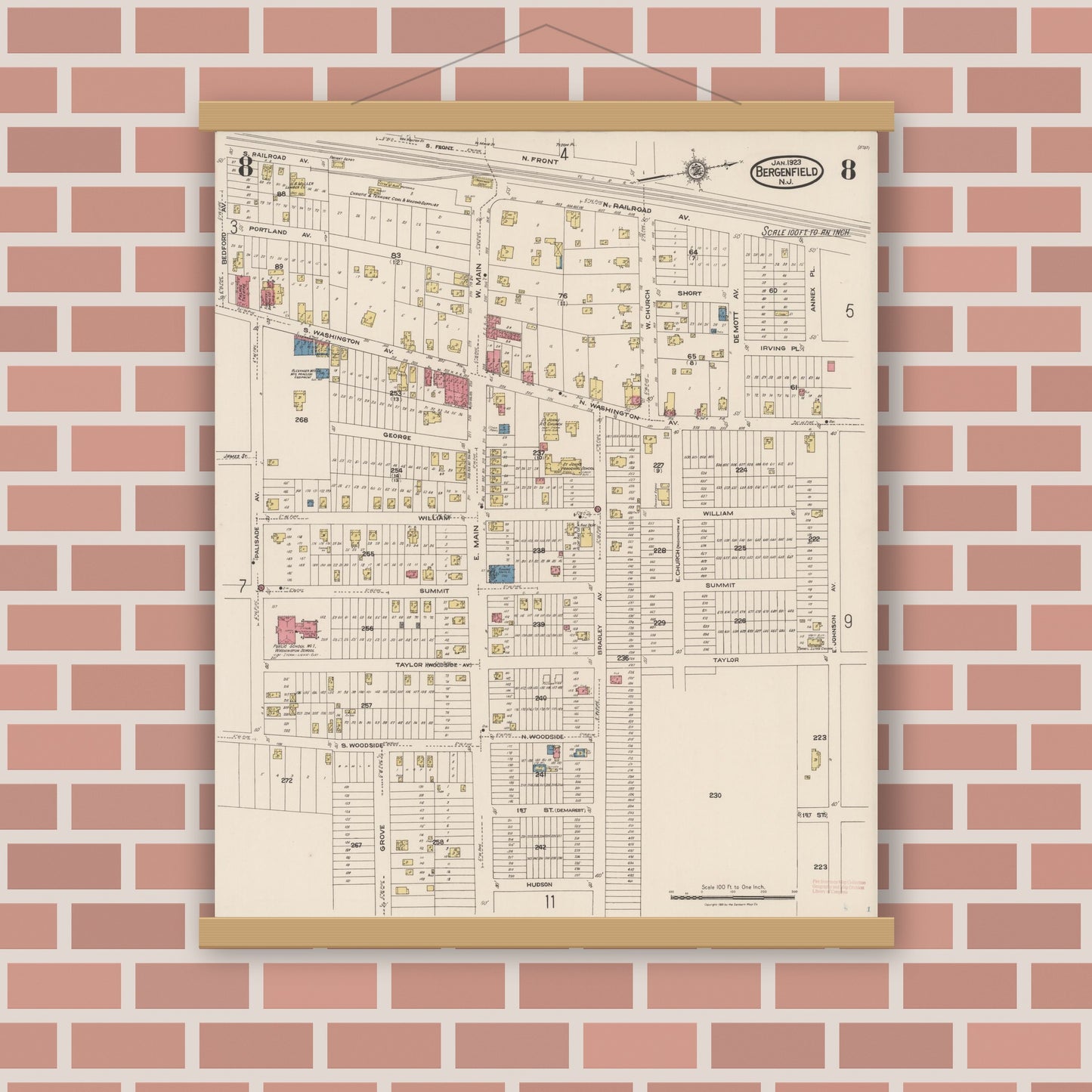 Old map wall art mockup — magnetic wood frame on brick wall — Sanborn Fire Insurance Map from Bergenfield, Bergen County, New Jersey (1923), Sheet #0008