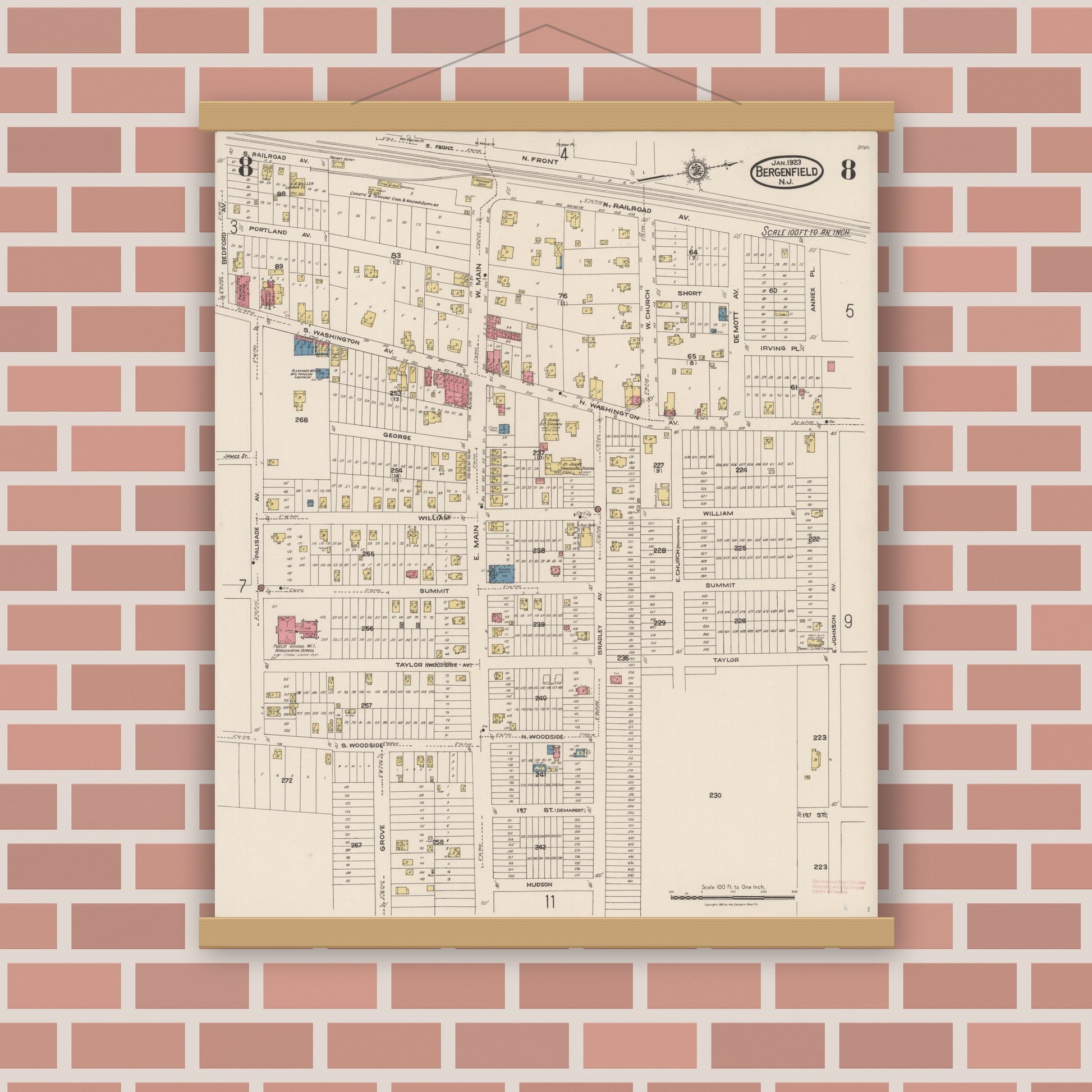 Old map wall art mockup — magnetic wood frame on brick wall — Sanborn Fire Insurance Map from Bergenfield, Bergen County, New Jersey (1923), Sheet #0008