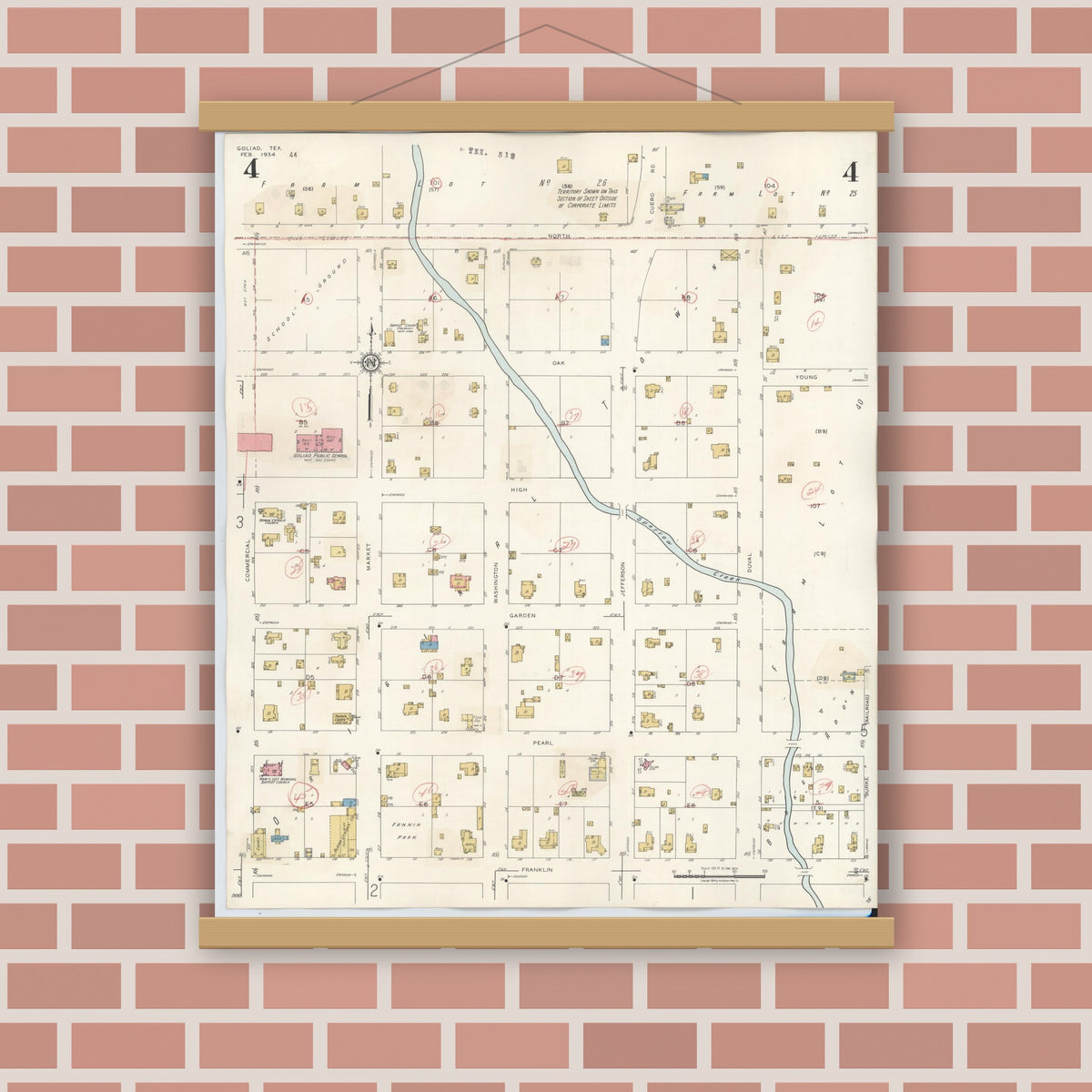 Old map wall art mockup — magnetic wood frame on brick wall — Sanborn Fire Insurance Map from Goliad, Goliad County, Texas (1944), Sheet #0004