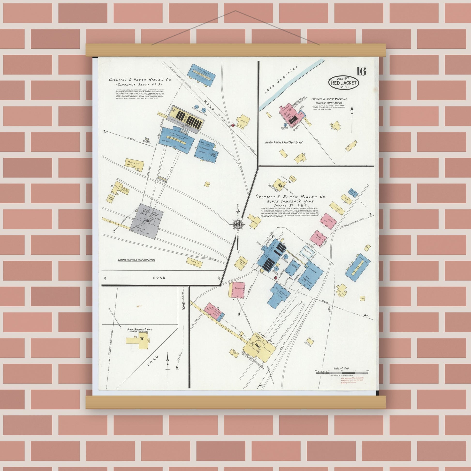 Old map wall art mockup — magnetic wood frame on brick wall — Sanborn Fire Insurance Map from Red Jacket, Houghton County, Michigan (1917), Sheet #0016