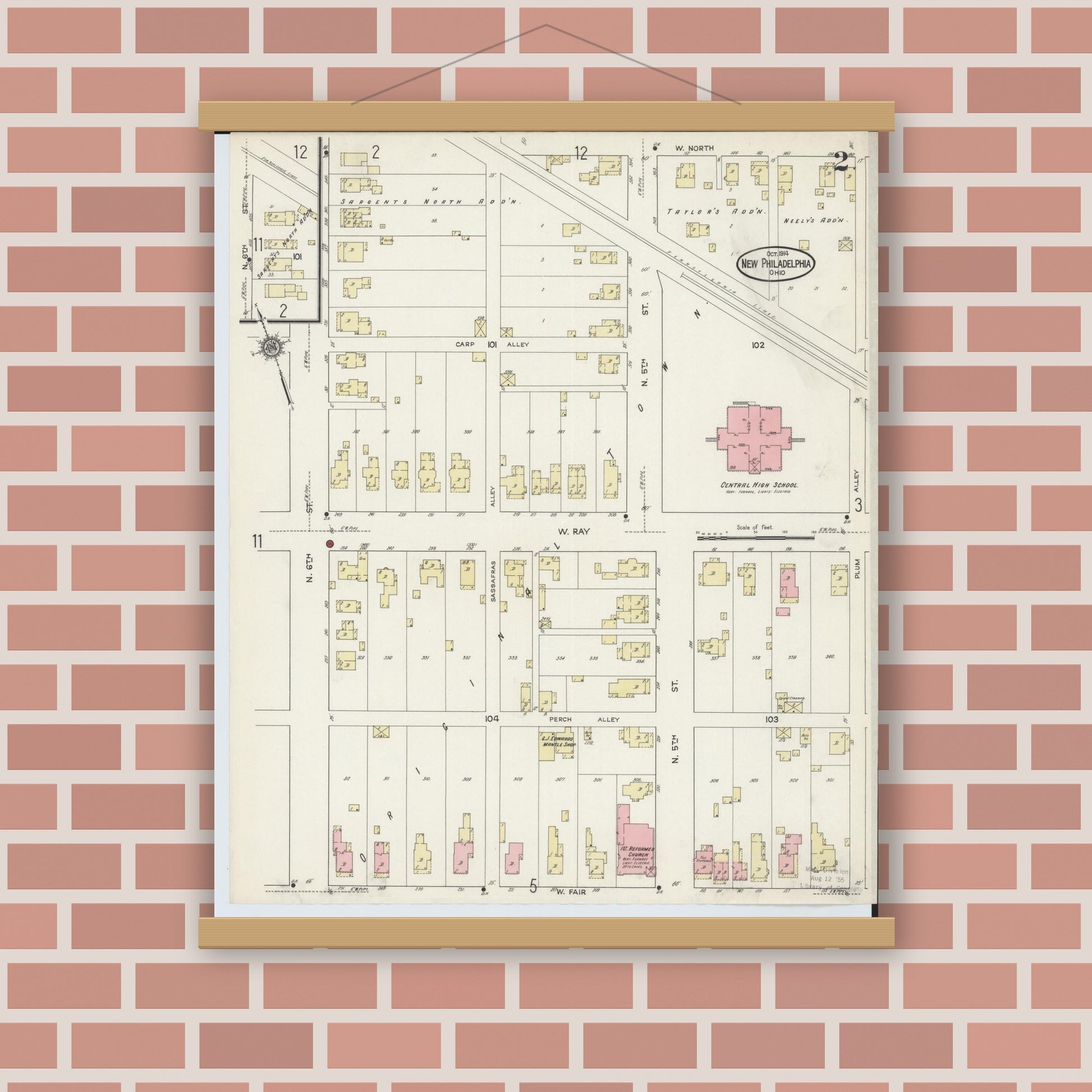 Old map wall art mockup — magnetic wood frame on brick wall — Sanborn Fire Insurance Map from New Philadelphia, Tuscarawas County, Ohio (1914), Sheet #0002