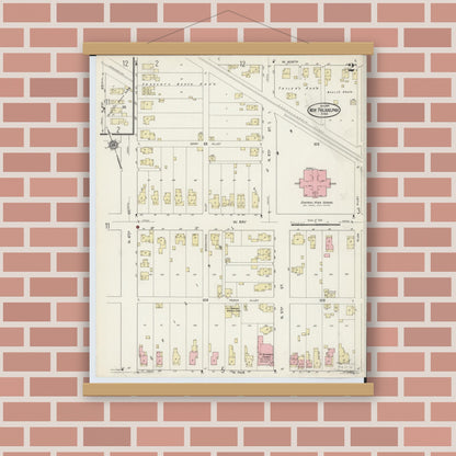 Old map wall art mockup — magnetic wood frame on brick wall — Sanborn Fire Insurance Map from New Philadelphia, Tuscarawas County, Ohio (1914), Sheet #0002