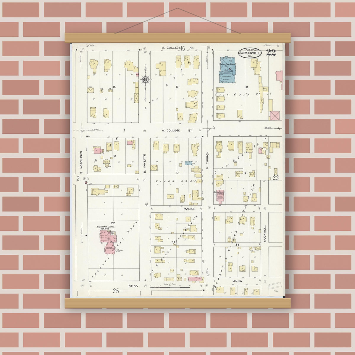 Old map wall art mockup — magnetic wood frame on brick wall — Sanborn Fire Insurance Map from Jacksonville, Morgan County, Illinois (1914), Sheet #0022