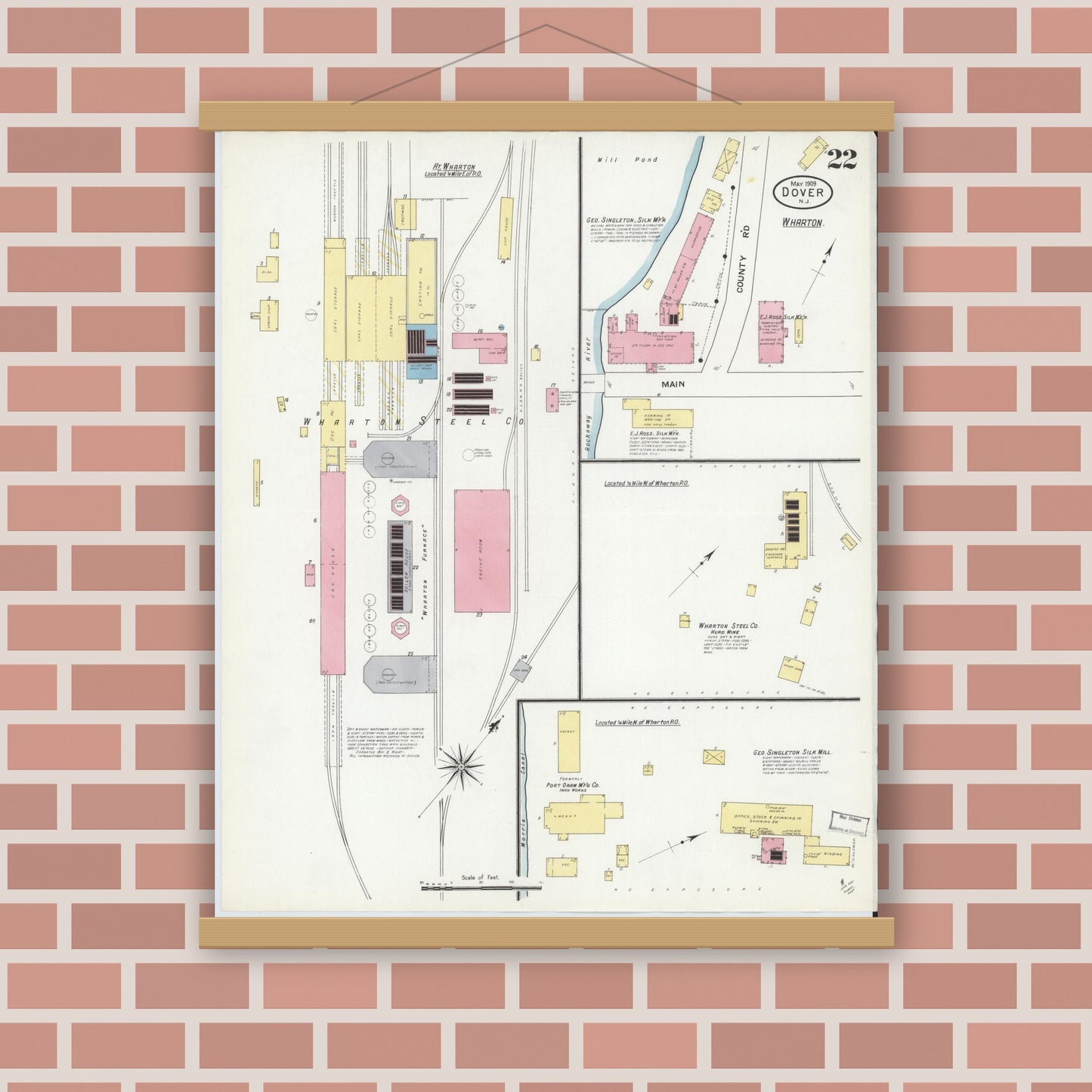 Old map wall art mockup — magnetic wood frame on brick wall — Sanborn Fire Insurance Map from Dover, Morris County, New Jersey (1909), Sheet #0022