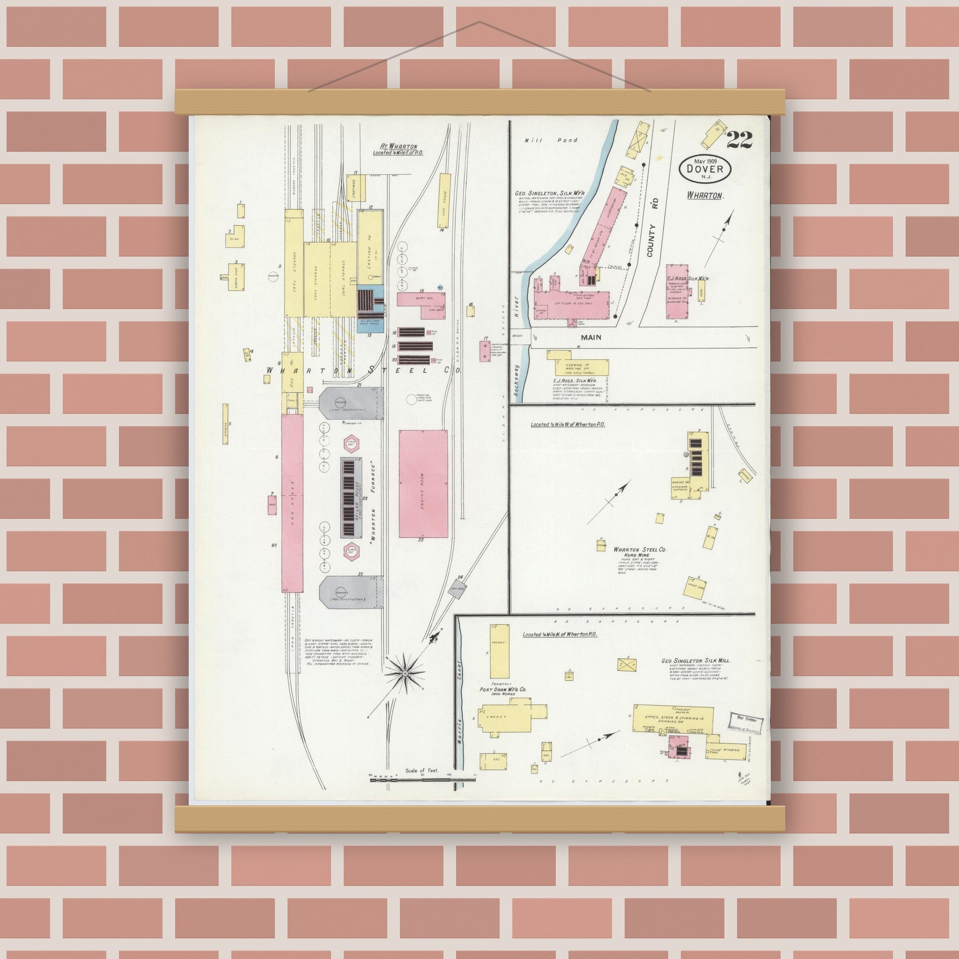 Old map wall art mockup — magnetic wood frame on brick wall — Sanborn Fire Insurance Map from Dover, Morris County, New Jersey (1909), Sheet #0022