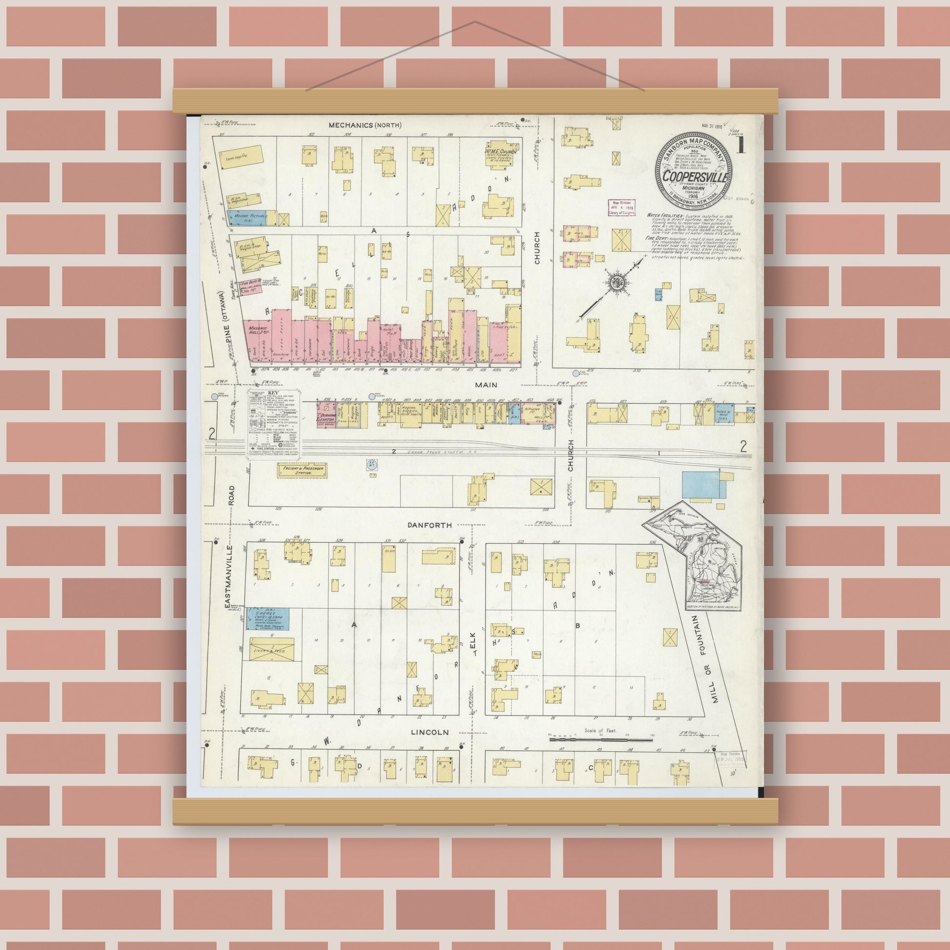 Old map wall art mockup — magnetic wood frame on brick wall — Sanborn Fire Insurance Map from Coopersville, Ottawa County, Michigan (1916), Sheet #0001