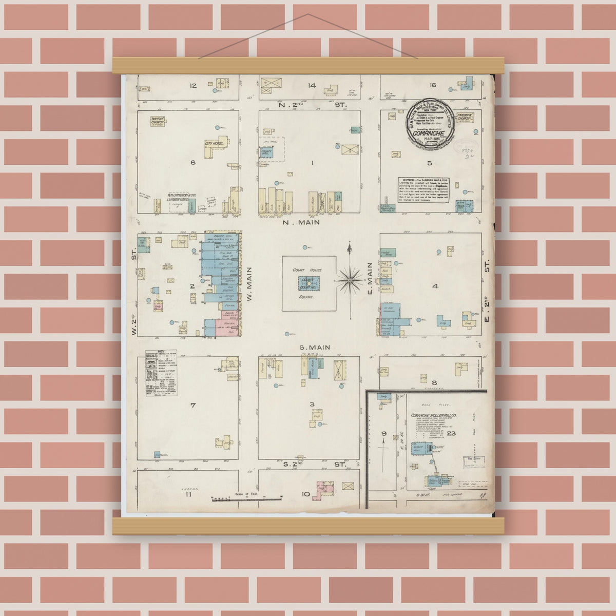 Old map wall art mockup — magnetic wood frame on brick wall — Sanborn Fire Insurance Map from Comanche, Comanche County, Texas (1885), Sheet #0001