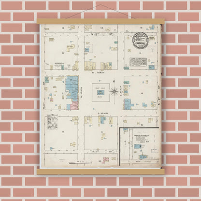 Old map wall art mockup — magnetic wood frame on brick wall — Sanborn Fire Insurance Map from Comanche, Comanche County, Texas (1885), Sheet #0001