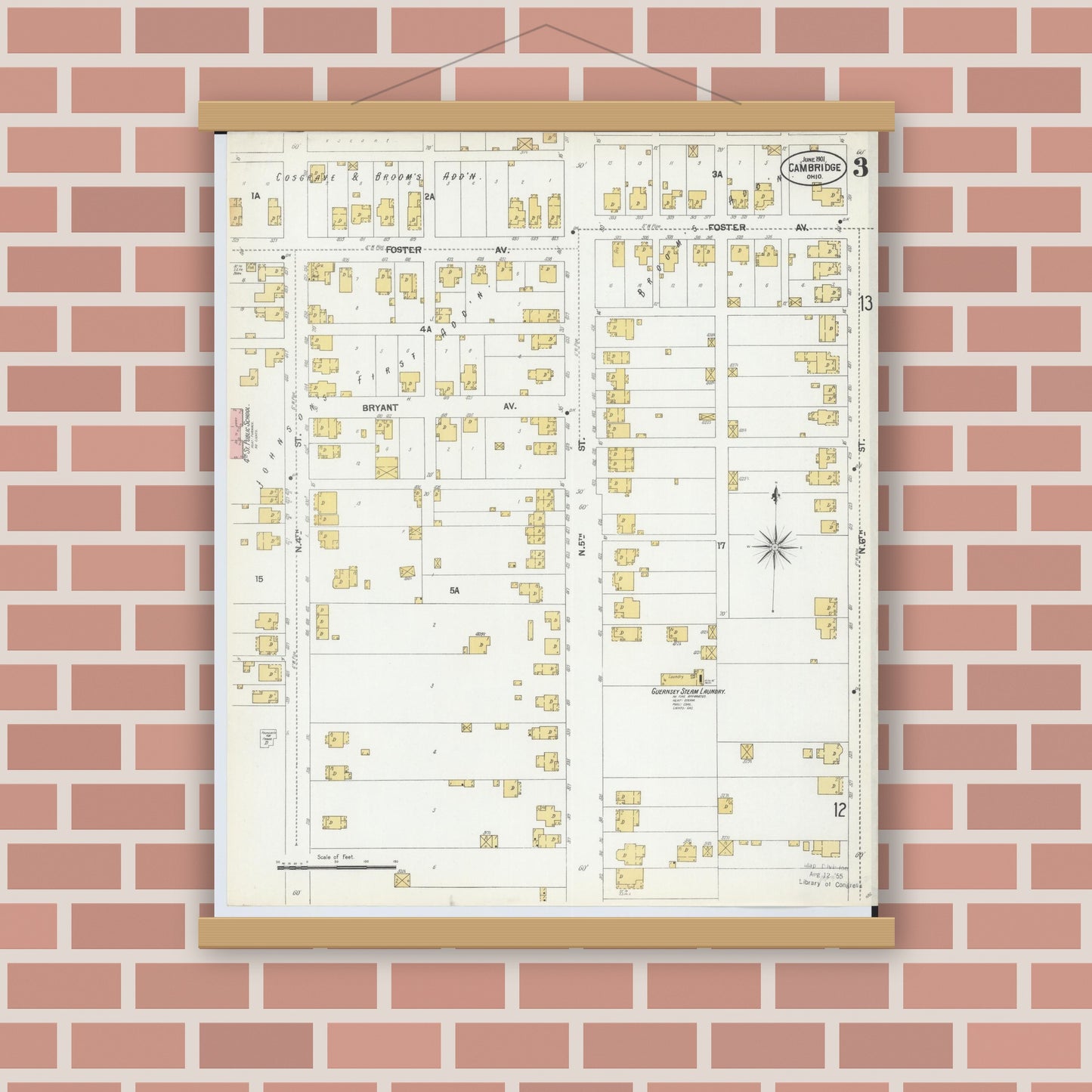 Old map wall art mockup — magnetic wood frame on brick wall — Sanborn Fire Insurance Map from Cambridge, Guernsey County, Ohio (1901), Sheet #0003