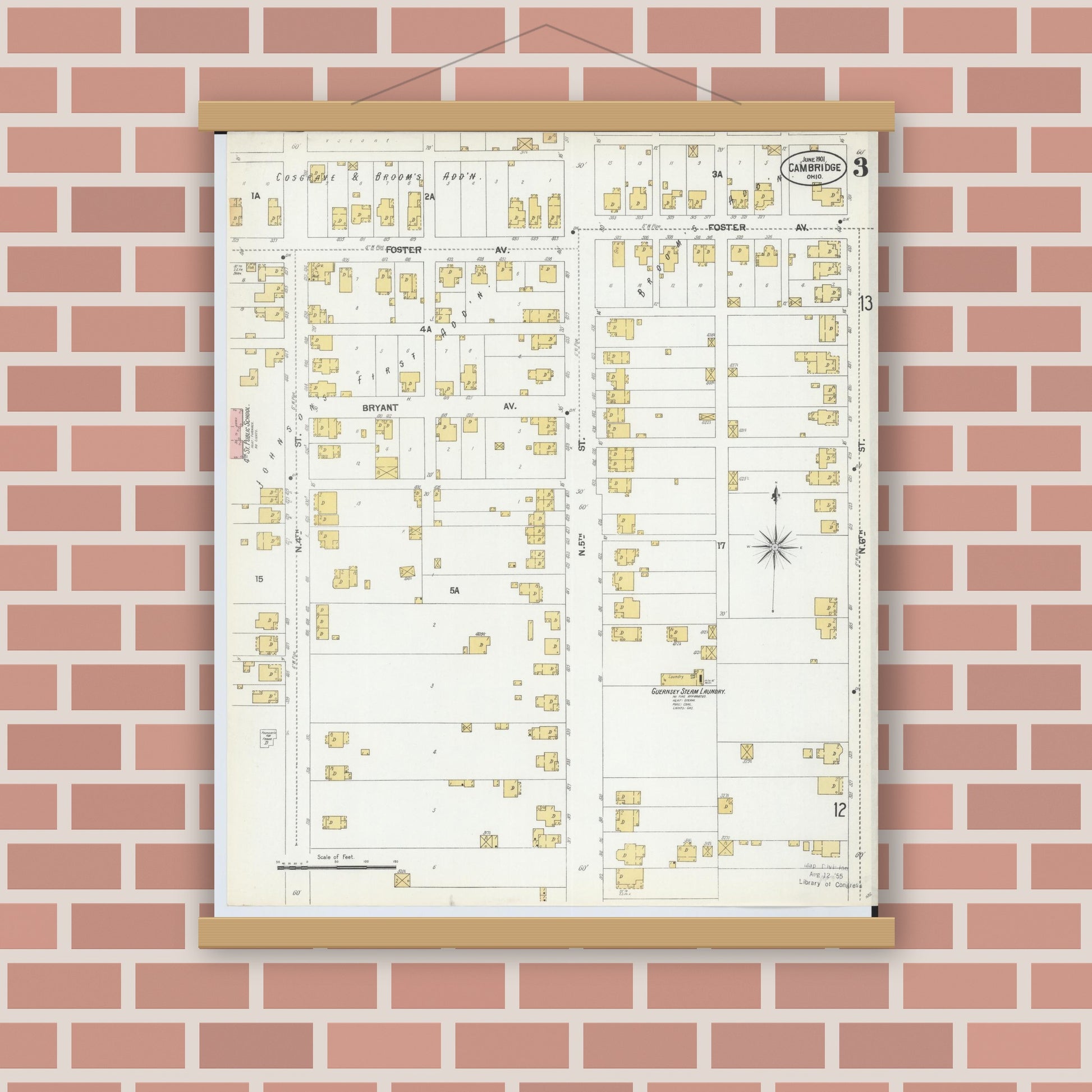 Old map wall art mockup — magnetic wood frame on brick wall — Sanborn Fire Insurance Map from Cambridge, Guernsey County, Ohio (1901), Sheet #0003