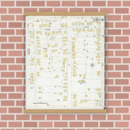 Old map wall art mockup — magnetic wood frame on brick wall — Sanborn Fire Insurance Map from Cambridge, Guernsey County, Ohio (1901), Sheet #0003