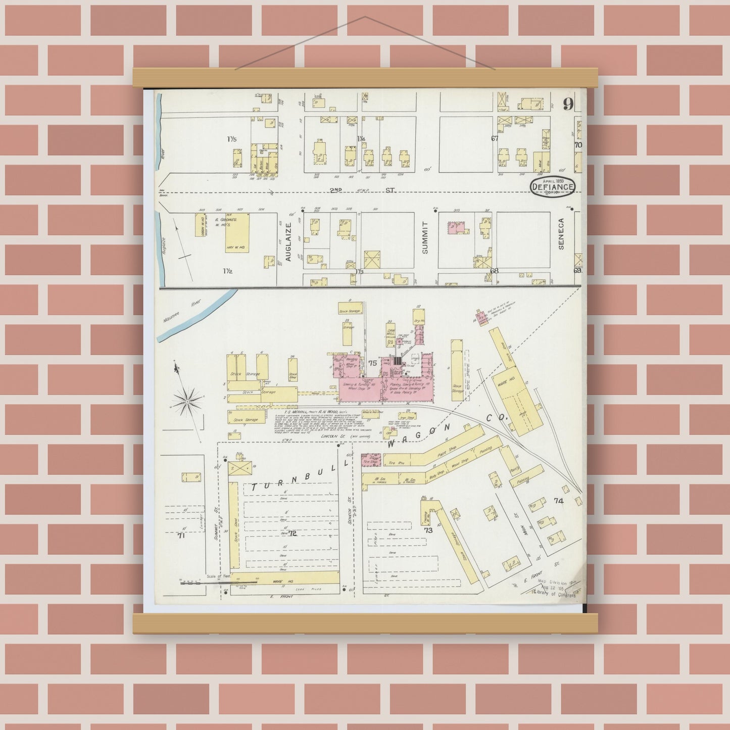 Old map wall art mockup — magnetic wood frame on brick wall — Sanborn Fire Insurance Map from Defiance, Defiance County, Ohio (1893), Sheet #0009