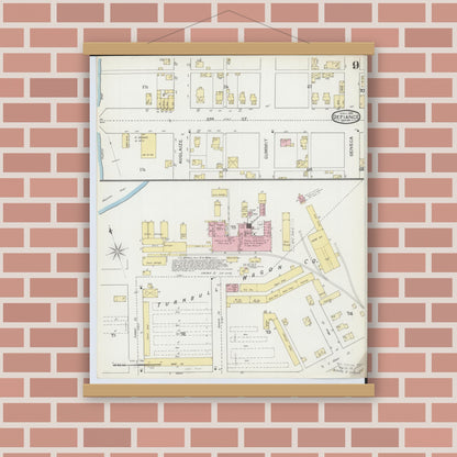 Old map wall art mockup — magnetic wood frame on brick wall — Sanborn Fire Insurance Map from Defiance, Defiance County, Ohio (1893), Sheet #0009