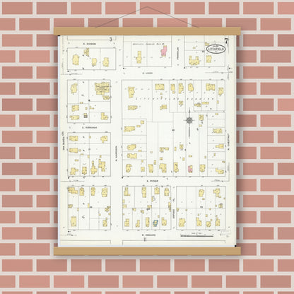 Old map wall art mockup — magnetic wood frame on brick wall — Sanborn Fire Insurance Map from Litchfield, Montgomery County, Illinois (1910), Sheet #0007