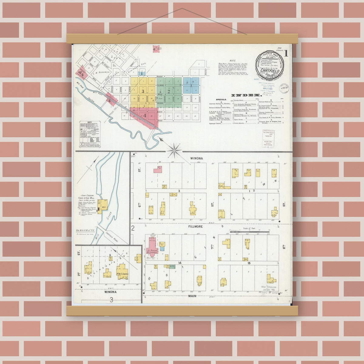 Old map wall art mockup — magnetic wood frame on brick wall — Sanborn Fire Insurance Map from Chatfield, Fillmore And Olmsted Counties, Minnesota (1900), Sheet #0001