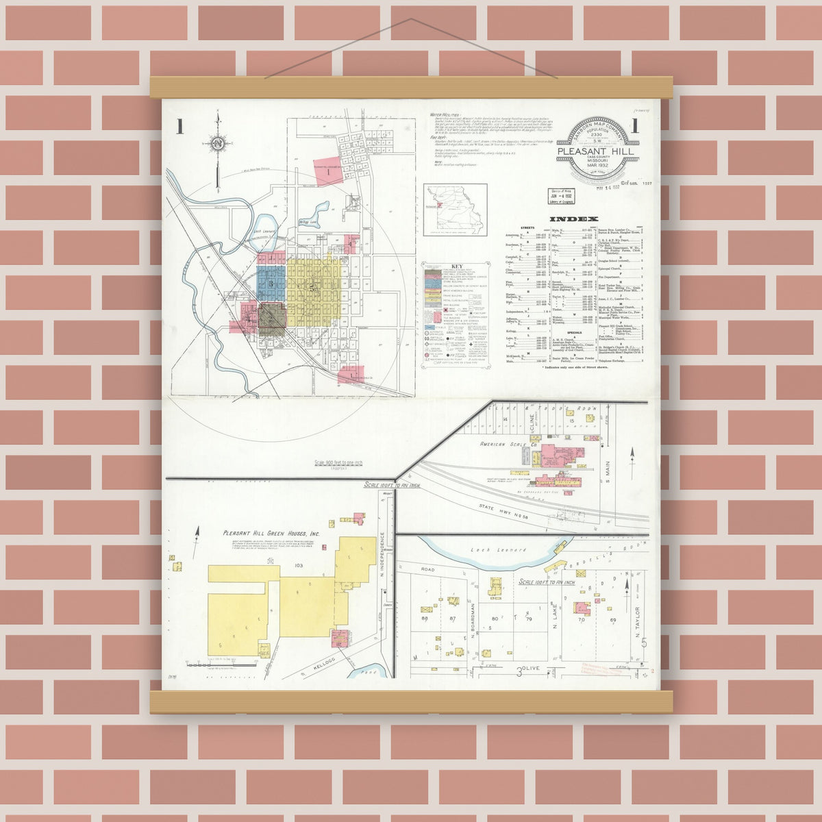 Old map wall art mockup — magnetic wood frame on brick wall — Sanborn Fire Insurance Map from Pleasant Hill, Cass County, Missouri (1932) - Complete Map Set