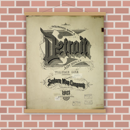 Old map wall art mockup — magnetic wood frame on brick wall — Sanborn Fire Insurance Map from Detroit, Wayne County, Michigan (1950), Sheet #0001