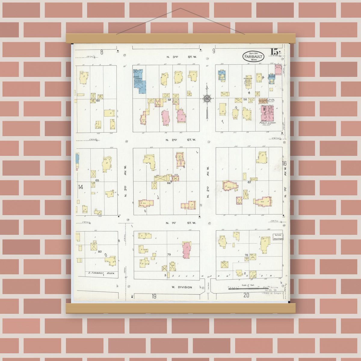 Old map wall art mockup — magnetic wood frame on brick wall — Sanborn Fire Insurance Map from Faribault, Rice County, Minnesota (1914), Sheet #0015
