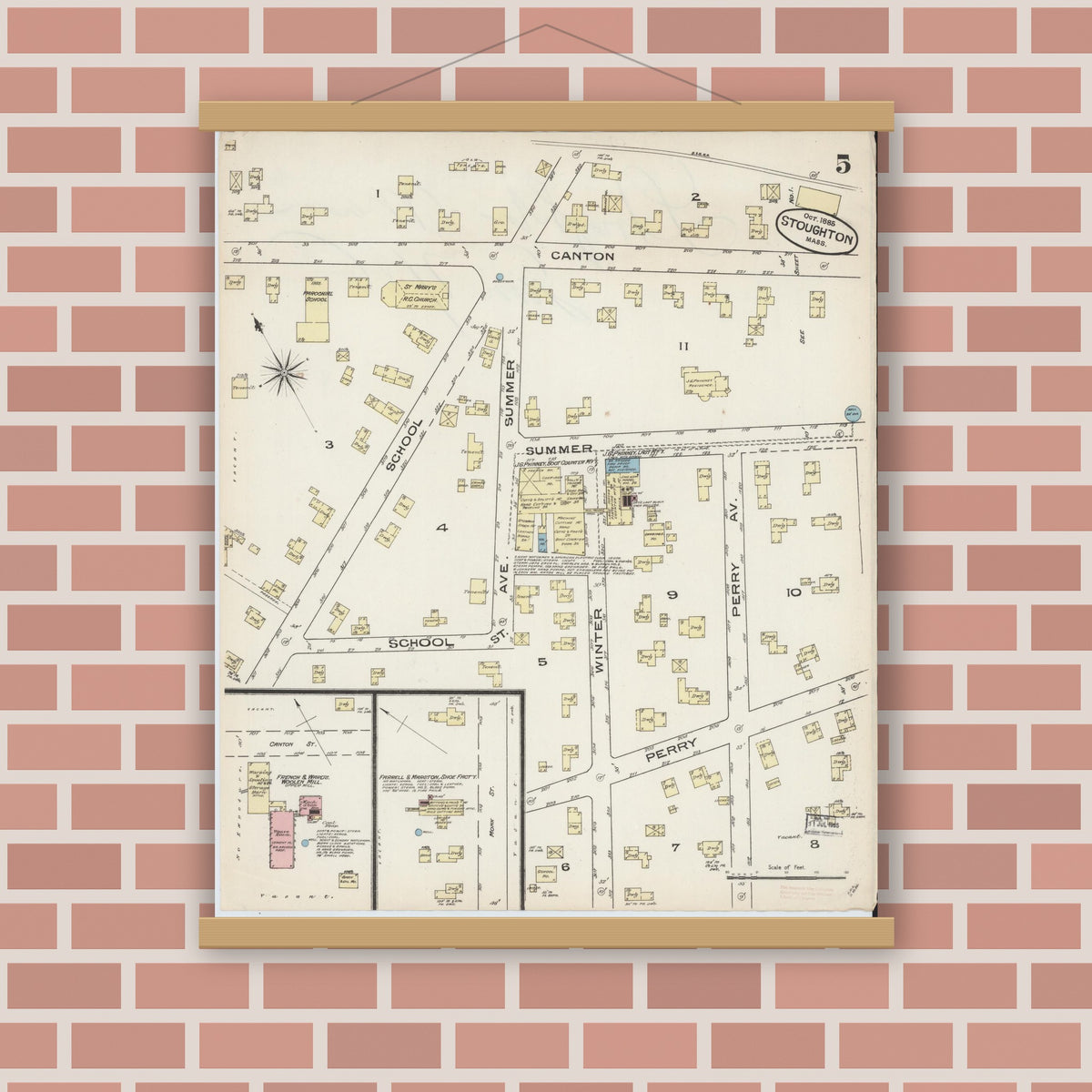 Old map wall art mockup — magnetic wood frame on brick wall — Sanborn Fire Insurance Map from Stoughton, Norfolk County, Massachusetts (1885), Sheet #0005