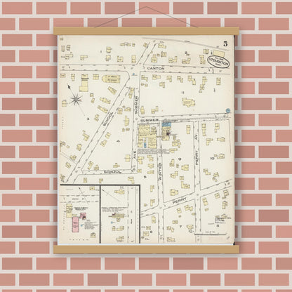 Old map wall art mockup — magnetic wood frame on brick wall — Sanborn Fire Insurance Map from Stoughton, Norfolk County, Massachusetts (1885), Sheet #0005