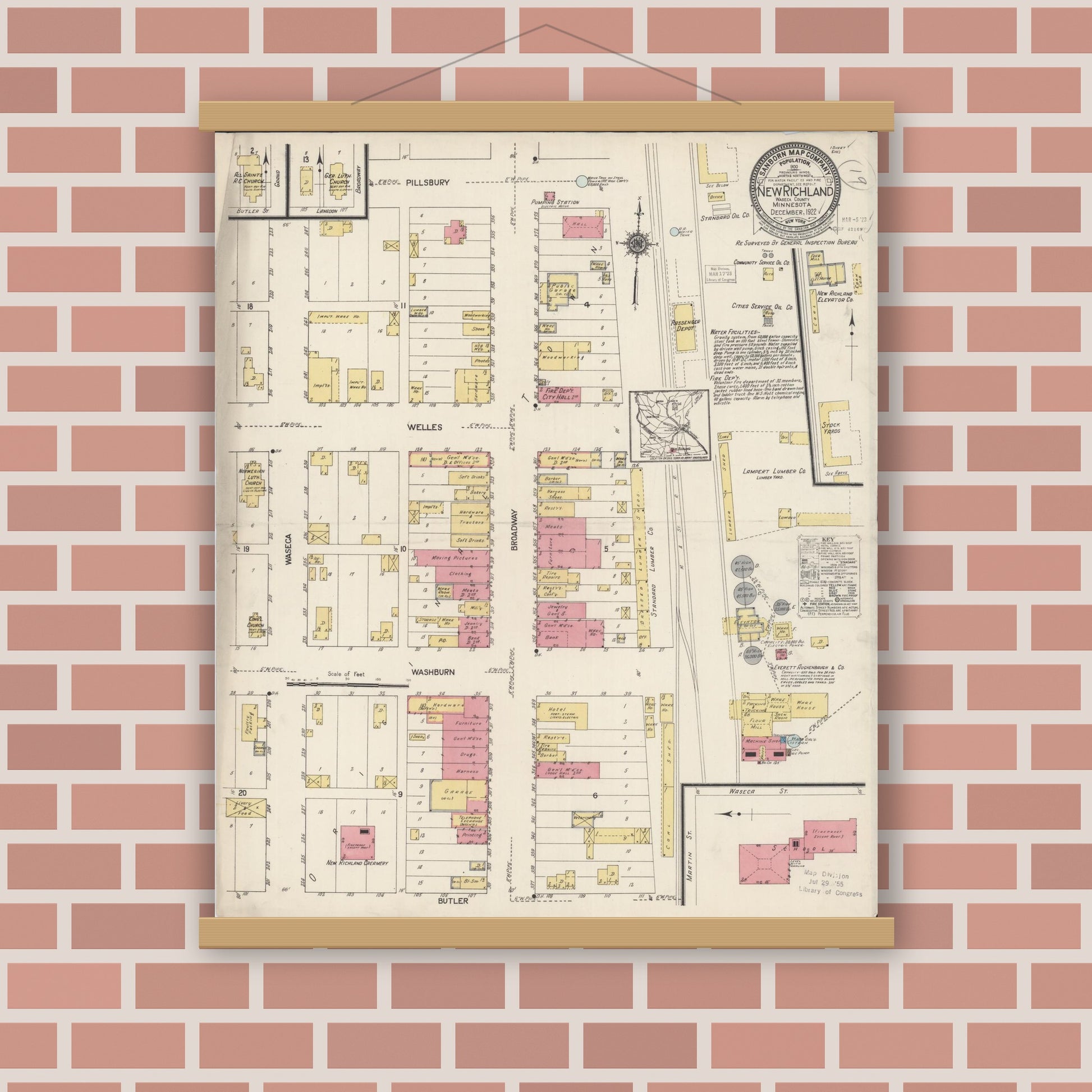 Old map wall art mockup — magnetic wood frame on brick wall — Sanborn Fire Insurance Map from New Richland, Waseca County, Minnesota (1922), Sheet #0001