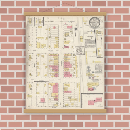 Old map wall art mockup — magnetic wood frame on brick wall — Sanborn Fire Insurance Map from New Richland, Waseca County, Minnesota (1922), Sheet #0001