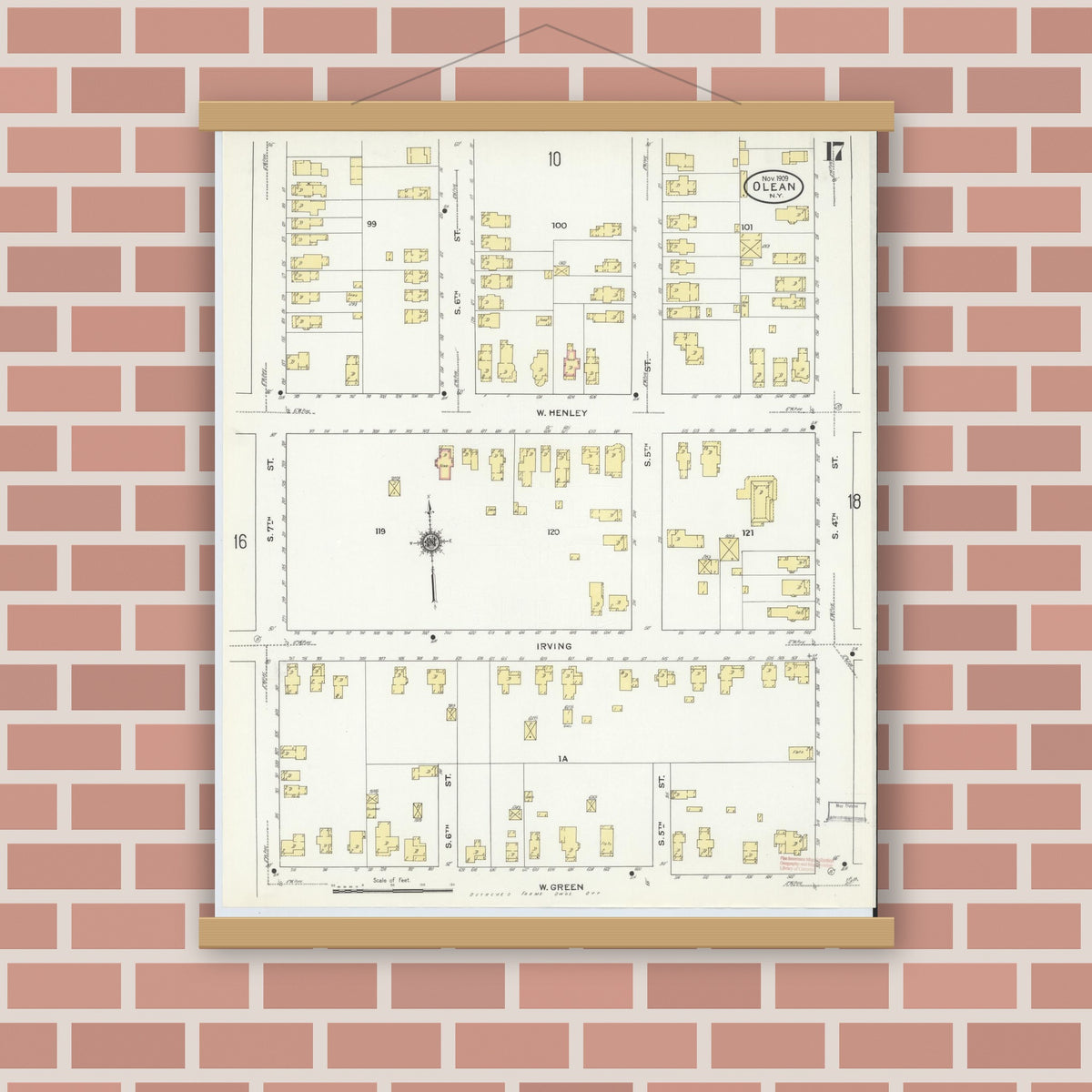 Old map wall art mockup — magnetic wood frame on brick wall — Sanborn Fire Insurance Map from Olean, Cattaraugus County, New York (1909), Sheet #0017